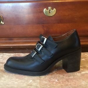 BRONX Styled By Dijkmans Leather Black 3- Strap 2 and 7/8” Heel Boots EUC 7.5
